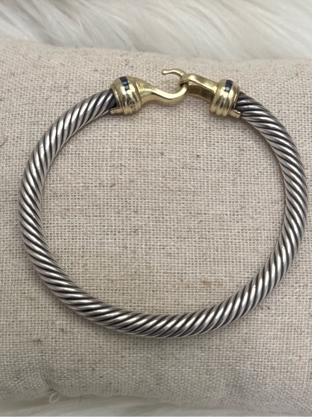 David Yurman .925 14K Gold 5mm Hook & Buckle Cable Bracelet w/Blue Sapphires - Picture 6 of 11